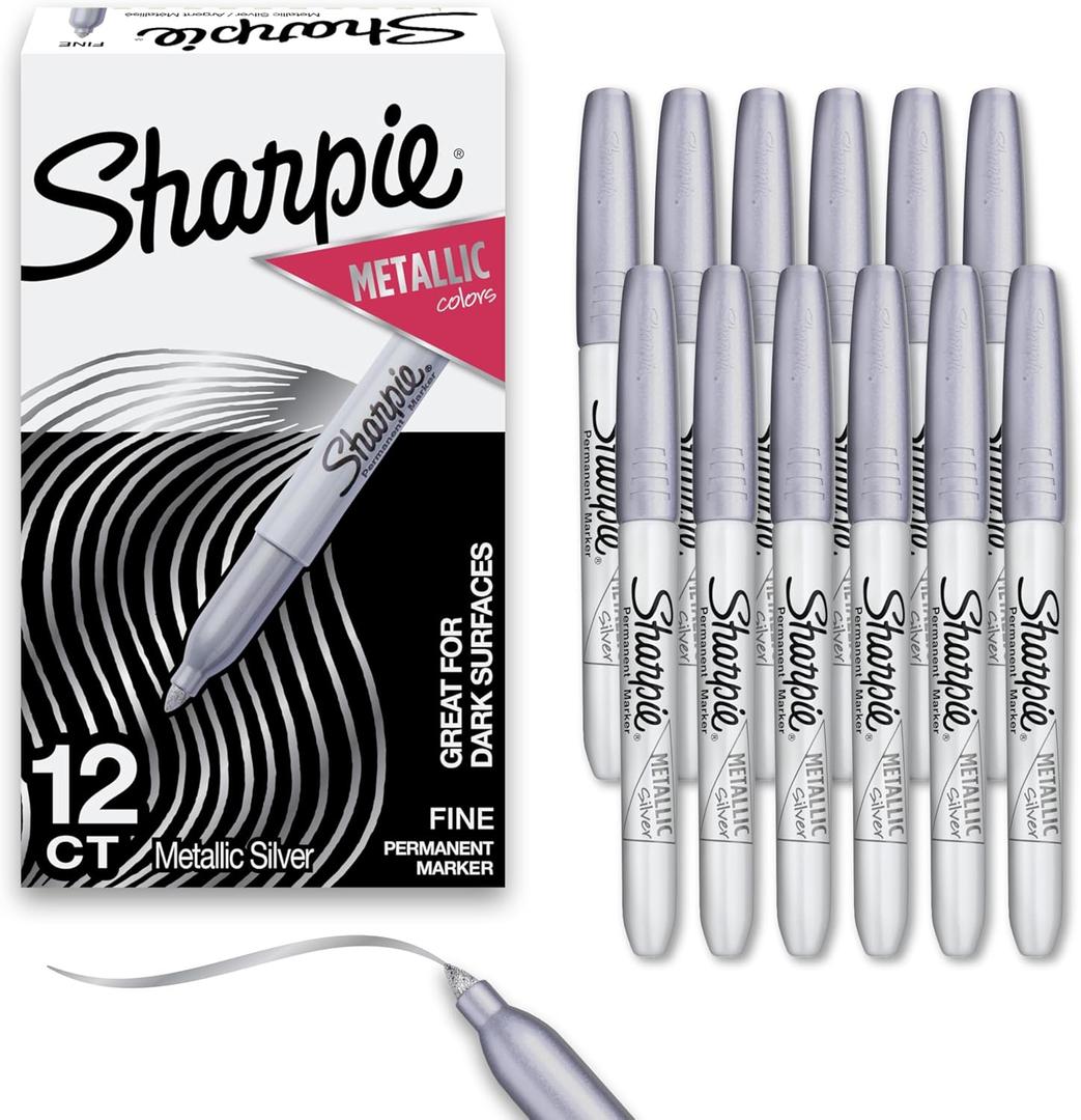 Sharpie Metallic Permanent Markers, Fine Tip, Silver, 12 Count - For Black Paper or Dark Surfaces, Arts & Crafts, Posters, Classroom Supplies