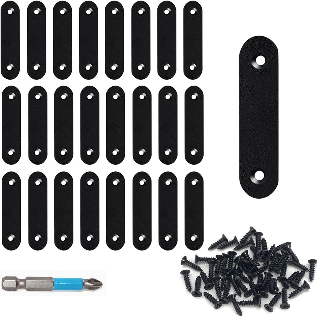 QSJ 24 Pcs Black Straight Bracket Mending Plate for Wood Stainless Steel Straight Brackets 56mm / 2.2" Wood Brace with Screws and Screwdriver