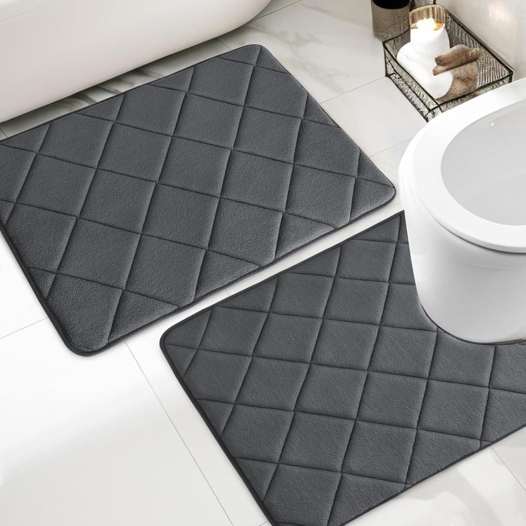 YIHOUSE Memory Foam Bathroom Rugs Set, Ultra Soft Bath Mats for Bath Floor Set of 2, Bathroom Rug with Toilet U Shaped for Bath Room, Shower, Dark Grey