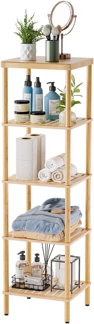 AmazerBath 5-Tier Bamboo Bathroom Shelf, Bathroom Standing Shelves, Multifunctional Shelving Unit for Living Room Bedroom Kitchen, Natural Color