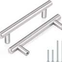 Probrico 30 Pack| 3-1/2 Inch Hole Center Cabinet Handles Satin Nickel Stainless Steel Drawer Dresser Pulls, Euro Round T Bar Kitchen Cabinet Pulls, 6 Inch Total Length