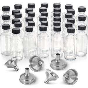 36 Pack, 2 oz Small Clear Glass Bottles w/Lid & 6 Stainless Steel Funnels - 60ml Boston Sample Bottles - Mini Travel Essential or Decorative Bottles for Potion, Juice, Wellness, Ginger Shots, Whiskey