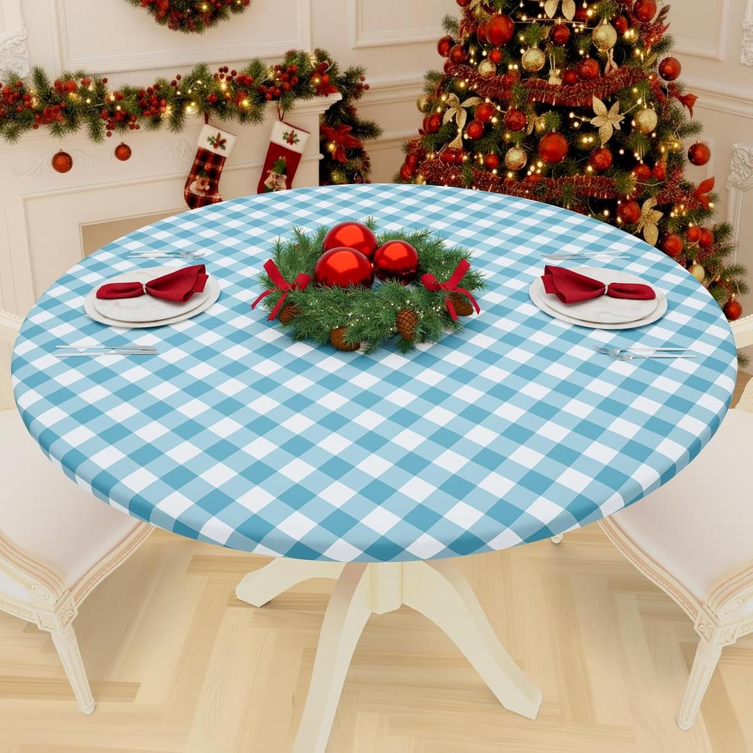 Smiry Round Picnic Tablecloth, Elastic Waterproof Fitted Vinyl Tablecloths for 36"-44" Tables, Flannel Backed Buffalo Plaid Table Cover for Dining, Camping, Outdoor, White and Aqua