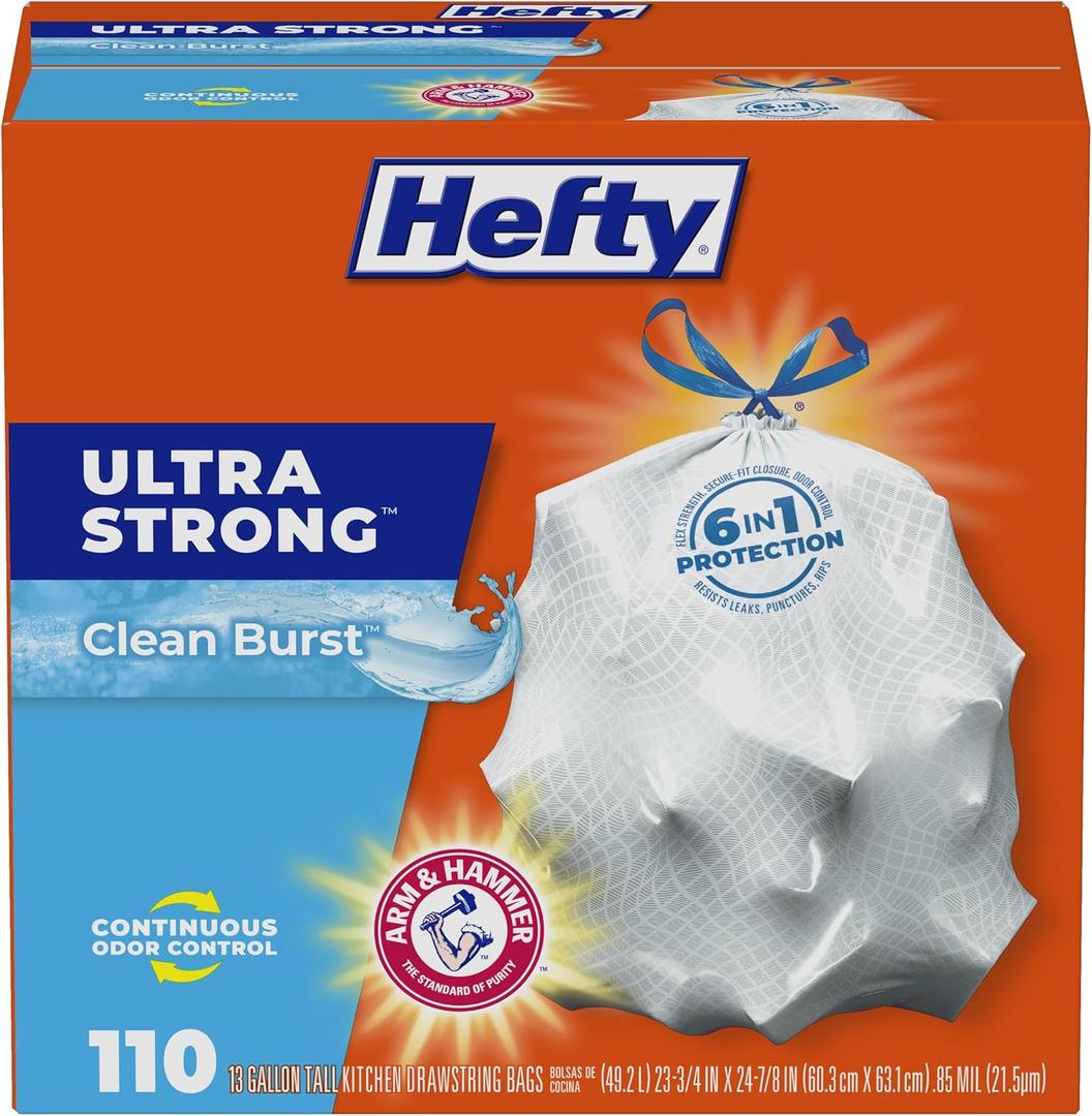 Hefty Ultra Strong 13 Gallon Bags, Tall Kitchen Bags 13 Gallon Size, Drawstring Closure, Continuous Odor Control, White, Clean Burst Scent, 110 Bags