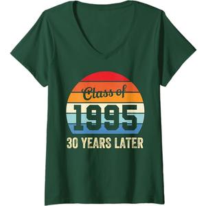 Womens Vintage Class Of 1995 30 Years Later Reunion 30th Graduation V-Neck T-Shirt (L, Green)