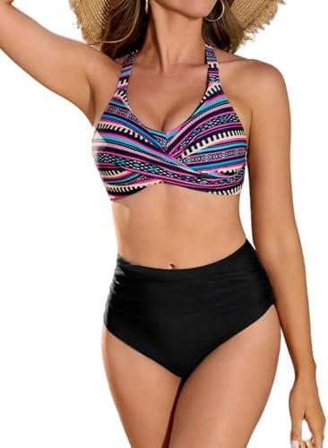 Women's Two Piece Swimsuits Full Coverage Bikini Set Tummy Control Bathing Suit Push Up V Neck Twist Front Swim Suits XXL