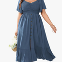 Plus Size Maxi Casual Boho Dress Short Sleeve Smocked Semi Formal Wedding Guest Dresses for Curvy Women Button Down, 2XL, Dusty Blue