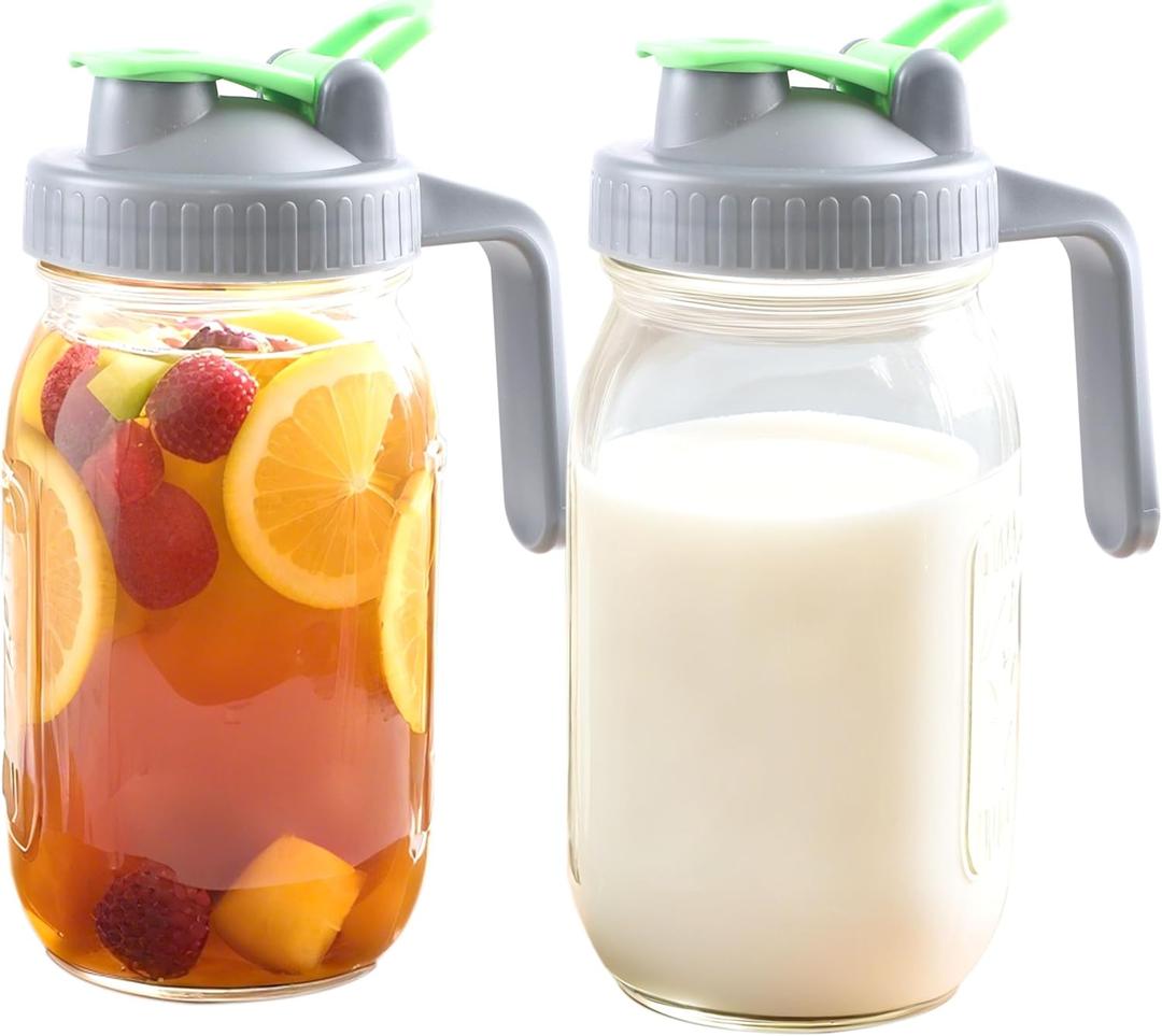 Mason Jar Pitcher With Pour Lid 32 Oz Glass Breast milk Storage Jug 1 Quart Wide Mouth Glass Tea Pitcher With Handle Creamer Container For Fridge Juice, Cold Brew Coffee,Lemonade,Beverage 2 Set (Green)