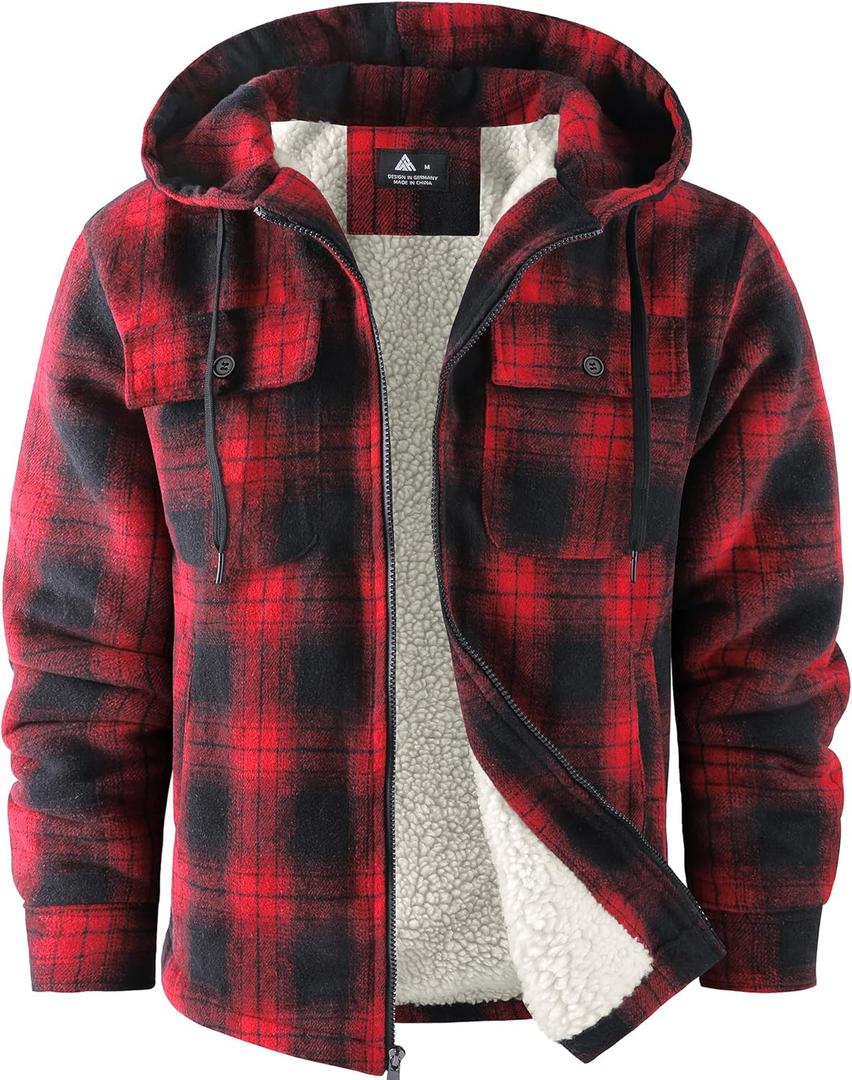 SCODI Men's Flannel Shirt Jacket Fleece Sherpa Lined Plaid Jackets Coat Full Zip Up Hoodie Winter Outwear (3X-Large, Red Black)