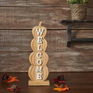 VHC Brands Tropical Wood Pumpkin Stack Welcome Wooden Sign Medium 16.5x5.5x2.5, Fall and Thanksgiving Home Decor for Tables and Shelves, Indoor Decorations for Tabletop