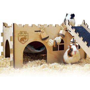 SoulThink Large Guinea Pig Hideout & House - Easy to Assemble Wooden Guinea Pig Castle with Hammock, Ramp and Toys Accessories Habitat Suitable for Hamsters and Chinchilla