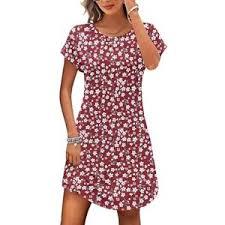 PLOKNRD Women's Casual Dress Summer Short Sleeve T-Shirt Dress Crew Neck Basic Dresses 2025 (Red White Flower L)