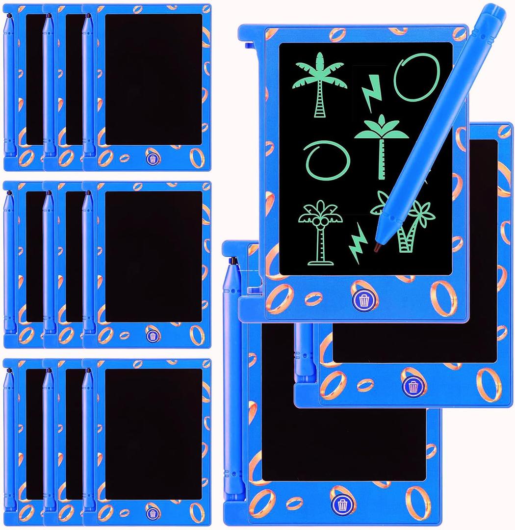 Nezyo 12 Pcs Kids Party Favors, Blue and Golden Rings LCD Writing Tablet for Kids 4.6'' Mini Erasable Reusable Drawing Pads Cartoon Theme Birthday Party Supplies Goodie Bags Stuffers End of Year Gifts