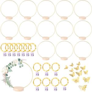 14 Pack Floral Hoop with Stand and LED Fairy Lights 8 Inch Metal Rings for DIY Centerpiece Table Decorations Crafts Macrame Rings Hoop Wreath Dream Catcher Rings Wedding Christmas Wreaths, Gold