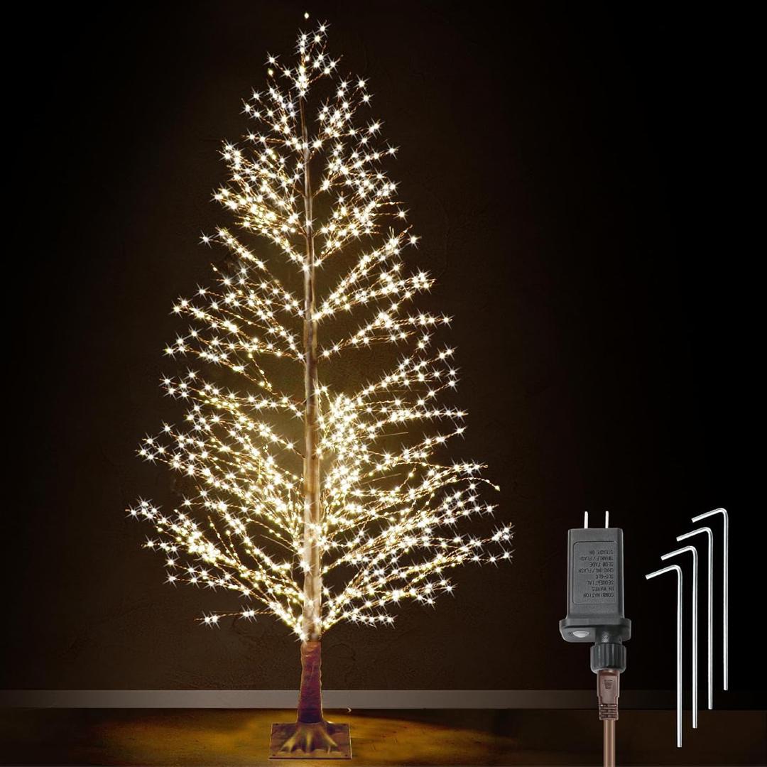 6FT Lighted Birch Tree with 1300 LED Lights, Twinkle Light Brown Christmas Tree with Timer IP44 Waterproof for Indoor Outdoor Festival Wedding Party Christmas Decorations