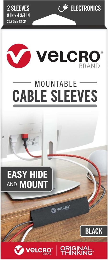 VELCRO Brand Mountable Cable Sleeves, 8" x 4-3/4", Black, Pack Of 2 Sleeves, VEL-30795-USA