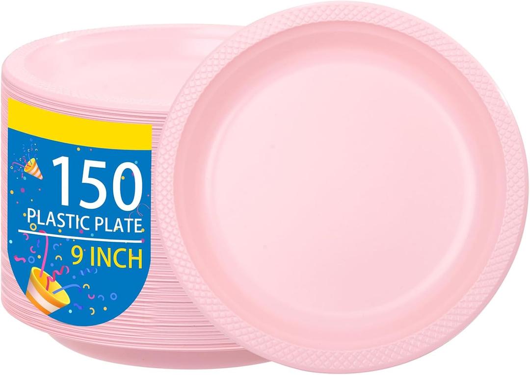 WELLIFE Pink Plastic Plates 9 Inch -150 Count for Party, Disposable Plastic Party Plates for Easter Mother's Day Baby Shower Dinner Dessert Cake Light Pink