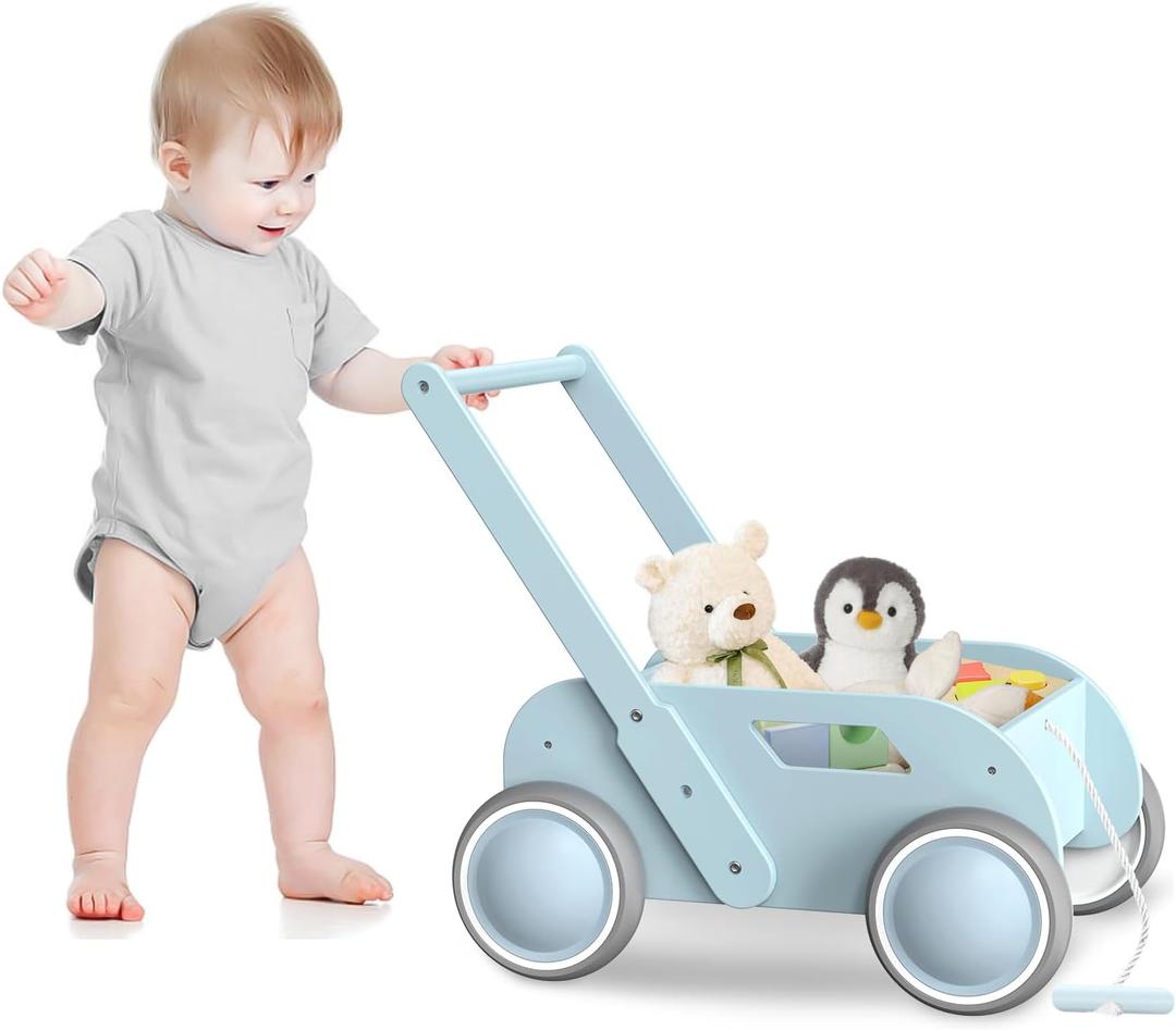 Wooden Baby Walker, Push and Pull Learning Walking Toys for Babies Infants to Toddler, Walker with Wheels for Boys Girls, Gift for Birthday Christmas, Blue