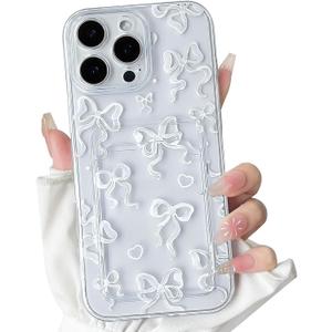 NITITOP Compatible with iPhone 16 Pro Max Case Clear with Card Holder Cute Bow Knot Pattern for Women Girls Bowknot Ribbon Soft TPU Shockproof Wallet Case Protective Phone Cover - White