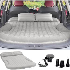 Air Mattress Thickened and Double-Sided Flocking Travel Camping Bed with 2 Pillows & Electric Pump Dedicated Mobile Cushion Inflatable Bed for SUV Trunk and Rear Seat, Light Grey 
