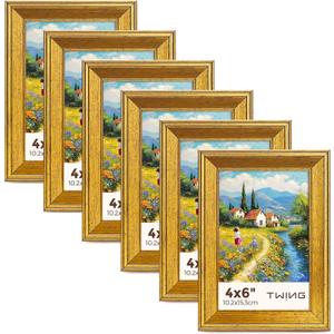 TWING 4x6 Gold Picture Frames Set of 6,Rustic Gold Frames Display Pictures 3x5 with Mat or 4x6 Without Mat,Tabletop Display and Wall Mounting Collage Photo Frame,Set for Wall Gallery