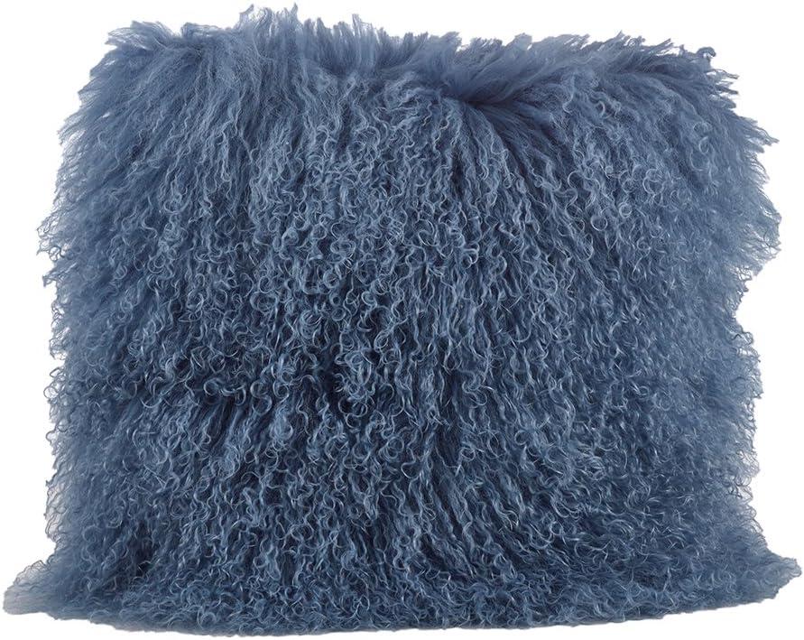 Genuine Mongolian Lamb Fur Decorative Filled Throw Pillow - Soft Plush Wool Accent Pillow for Home, Couch, Living Room, Office and Holiday Dcor (16"X16", Blue-Grey)