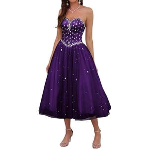 Women's Strapless Tea Length Prom Dress, Tulle Ball Gown with Crystal Beading, Corset Back (2, Purple)