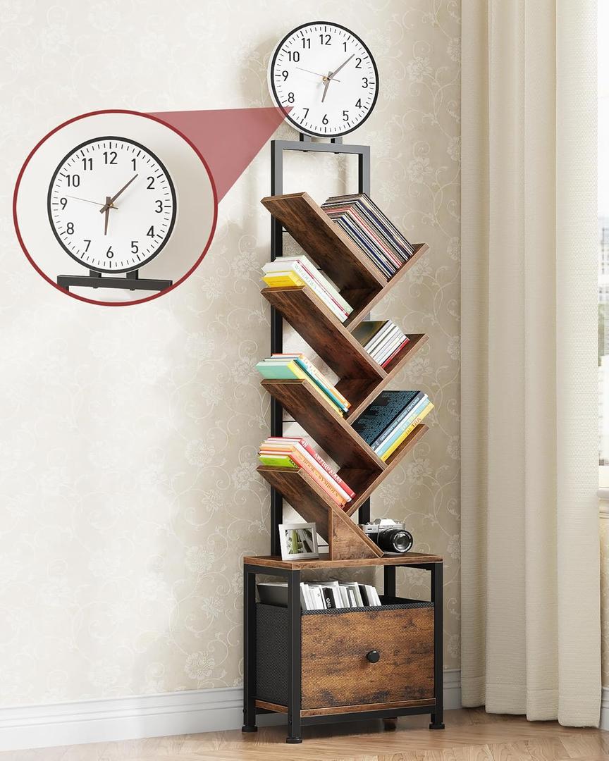HIGDBFE 6 Tier Tree Bookshelf with Clock and Fabric Drawer, Small Narrow Bookcase, Tall Floor Standing Book Shelf for Bedroom, Living Room, Home Office, Rustic Brown