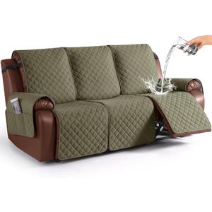 KinCam Waterproof Recliner Sofa Cover, Non-Slip Reclining Couch Covers for 3 Seat, Recliner Couch Cover Furniture Protector with Elastic Straps for Pets, Kids, Gray Green
