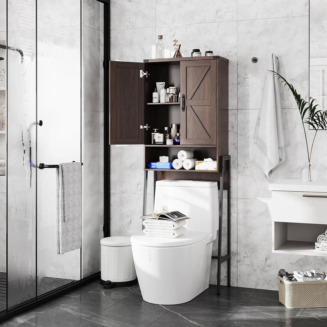 Over The Toilet Storage Cabinet with 2-Door Design Bathroom Organizers and Storage with Anti-Tip Device Over Toilet Organizer with Shelves for Bathroom,Restroom,Laundry Espresso, 23.46" W x 9.96" D x 67.28" H