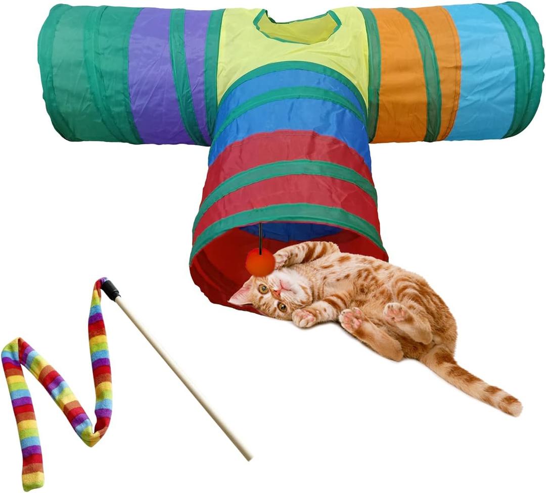 PetLike Cat Tunnel for Indoor Cats Collapsible Pop-up Pet Tube Peek Hole Hideaway Play Toys for Cats with Ball (Rainbow), 13.8"