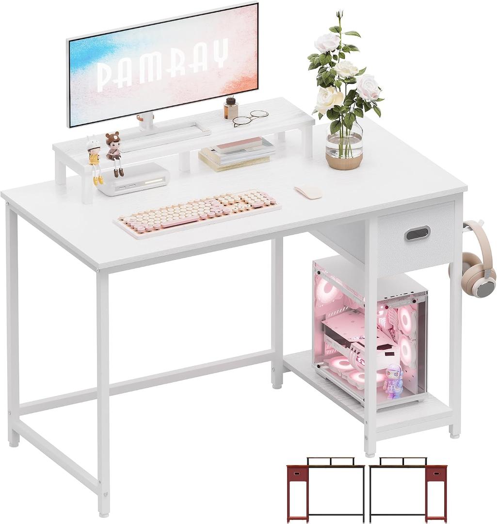 Pamray 39 Inch Computer Desk with Monitor Stand Small Home Office Desks with Non-Woven Storage Drawer for Bedroom Study Table Writing and Work Desk White,White Leg