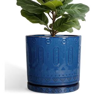12 Inch Pot for Plants - Ceramic Planter for Indoor Plants Large Plant Pot with Drainage Holes and Saucer Outdoor Flower Pot Decorative Round Planter for Porch Office Decor Blue
