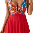 B2prity Women's One Piece Swim Dress Swimsuit Tummy Control V Neck Swimdress Mesh Bathing Suit Skirt U Ring Swimwear (Large, Red Floral)