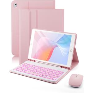 for iPad 9th / 8th / 7th Generation 10.2 inch & iPad Air 3rd Gen & iPad Pro 10.5 inch Case with 7 Color Backlit Keyboard - Built in Pencil Holder with Mouse (Pink)