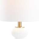 JONATHAN Y 20" White/Brass Gold Ribbed Gourd Glass Table Lamp, Modern Bedside Lamp for Bedroom Living Room, White Linen Drum Shade, LED Bulb Included JYL1099A