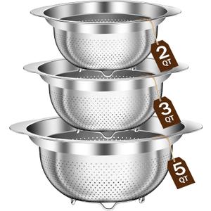 Stainless Steel Colander for Kitchen, Stainless Steel Strainer, Pasta Strainer for Spaghetti Fruit Vegetable Cooking Food, 3 Pcs Strainers and Colanders(2QT, 3QT, 5QT), Dishwasher Safe, Kitchen Gift