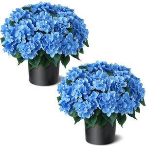 FOTEEWL Artificial Hydrangea Flower Topiary Trees - 2 Sets Faux Silk Flower Potted Plant, UV Resistant Fake Outdoor Hydrangea Bush for Front Door, Farmhouse,Garden, Porch Decor (Blue)