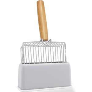 UFECODO Fast Sifting Cat Litter Scoop with Holder Stand, Stainless Steel Poop Scooper with Ergonomic Wood Handle, Heavy Duty and Easy Clean (0.3inch gap)