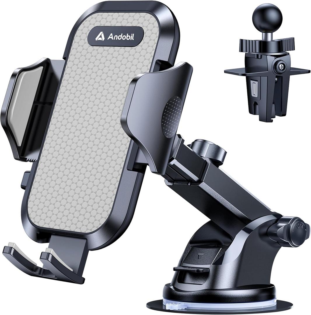andobil Car Phone Holder Mount (Strong Suction&Bumpy Road Stable) Phone Holders for Your Car, Cell Phone Car Mount for Windshield Dash Vent Truck Cradle Stand for iPhone 17 16 15 14 Pro Max Grey