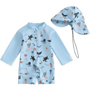Hnyenmcko Baby/Toddler Boy Rash Guard Swimsuit Long Sleeve One Piece Zipper Swimwear Sunsuit Infant Bathing Suit Beachwear (Animal-Sky Blue, 18-24 Months)
