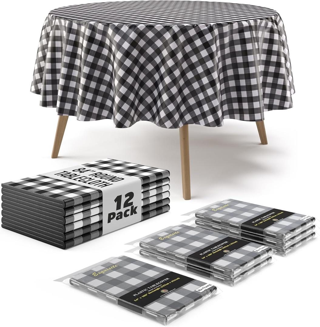 Exquisite Picnic Table Cover - 12 Pack Round Premium Black & White Checkered BBQ Table Cover - Gingham Checkerboard Disposable Plastic Tablecloth 84 inch