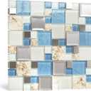 Blujellyfish Blue Sea Glass Tile Backsplash Beach Style Mosaic Tiles Real Seashell Inside (Pack of 5 Sheets)