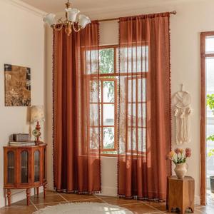 MYSKY HOME Bohemian Macrame Curtains 84 Inches Long for Living Room,Semi Sheer Light Filtering Privacy Drapes Farmhouse Coutry Home Decor for Bedroom, 50" W84" L, Terracotta, 2 Panels