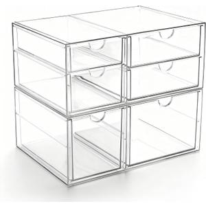 Prsildan Acrylic Drawer Makeup Organizer with 6 Drawers (Not for Baby Bottle), Set of 2 Office Desk Organizers Accessories, Clear Stackable Storage Drawers for Vanity, Craft (Largest Drawer 4" Tall)