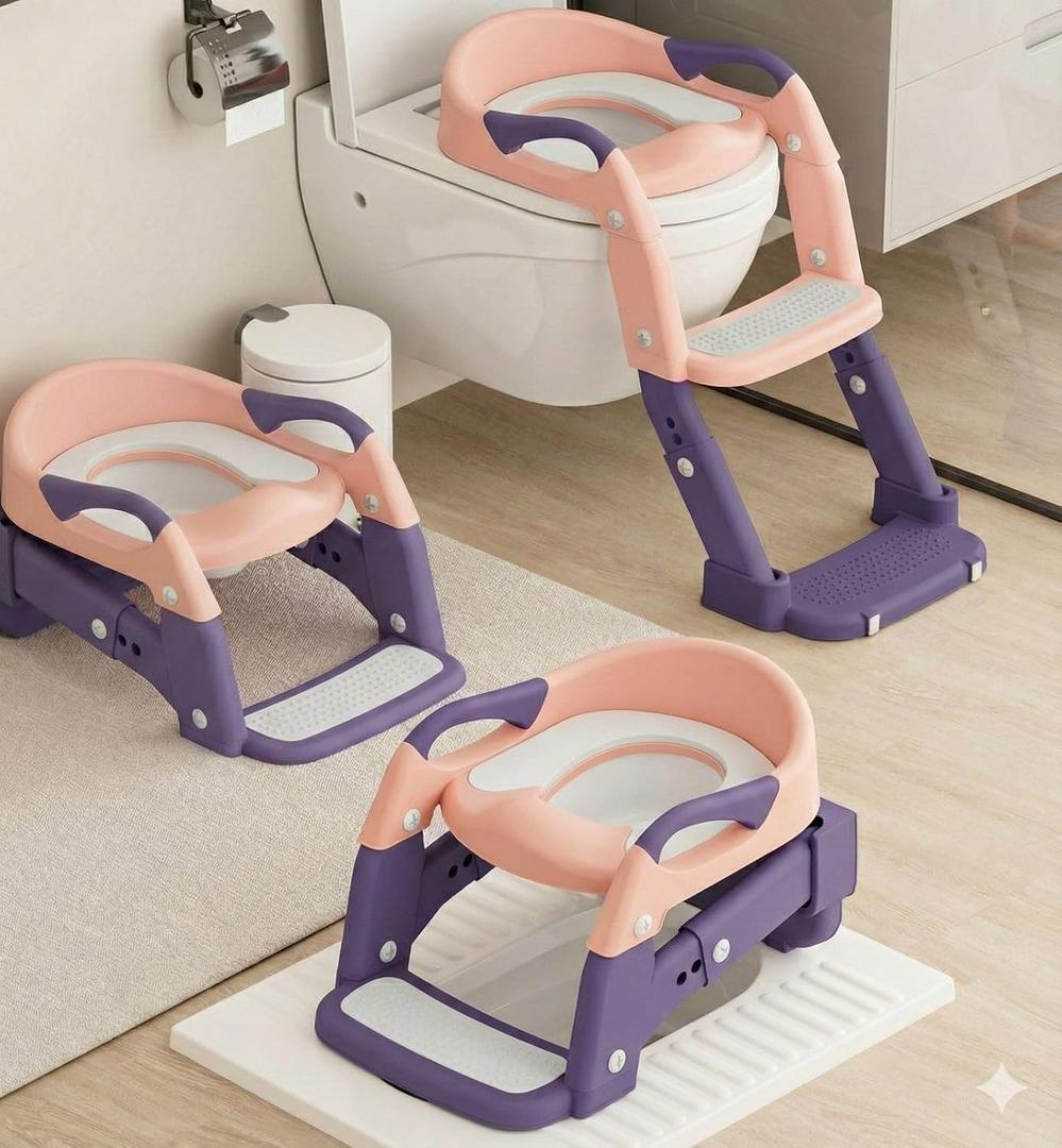 3-in-1 Toddler Potty Training Toilet Seat with Foldable Ladder Adjustable Toddler Toilet Seat for Boys & Girls with Soft Cushion, Ergonomic Backrest, Non-Slip Pedal and Safety Grips (Pink & Purple)