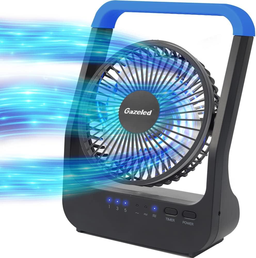 Battery Operated Fan, Camping Fan Battery Powered, Super Long Lasting, Portable D-Cell Battery Powered Desk Fan with Timer, 3 Speeds, Quiet, 180 Rotation, for Office,Bedroom,Outdoor, 5'', Blue