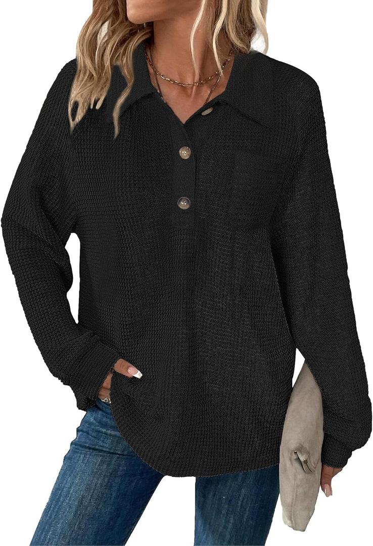 Womens Tops Waffle Knit V-Neck Long Sleeve T-shirts Button Down with Pockets Tunic Fashion Clothing (XX-Large, Blcak)