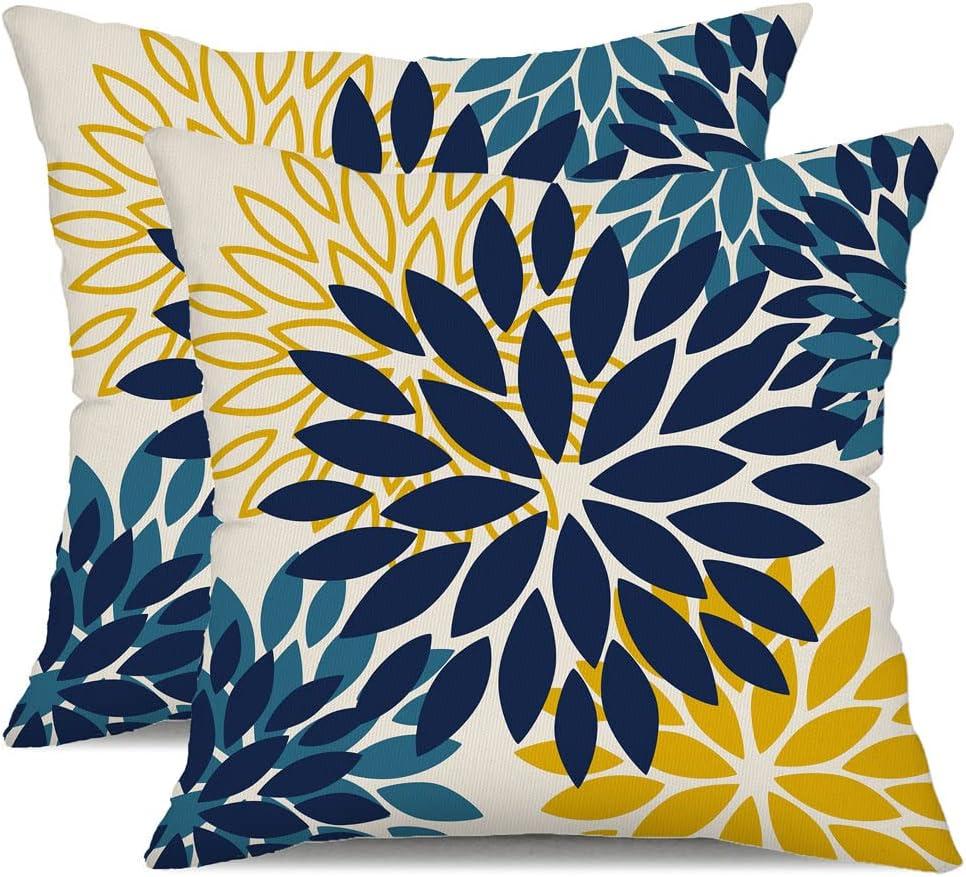 DFXSZ Blue Yellow Flower Pillow Covers 18x18 Inch Set of 2 Outdoor Throw Pillows Outdoor Waterproof Decor for Living Room Sofa Patio Funiture Garden Floral Polyester Pillow Covers 012D18