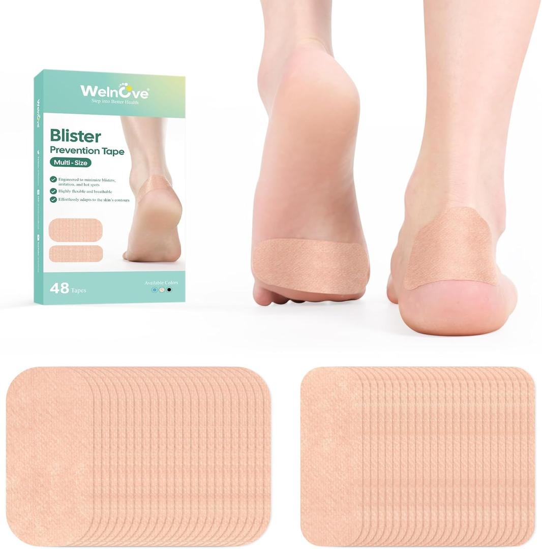 Welnove Blister Prevention Tape – 48 Pre-Cut Pads for Blister Protection - Blister Cushions for Athletes - Strong Adhesive - Blister Bandages for Feet, Toes, Fingers & Heel – 2 Sizes